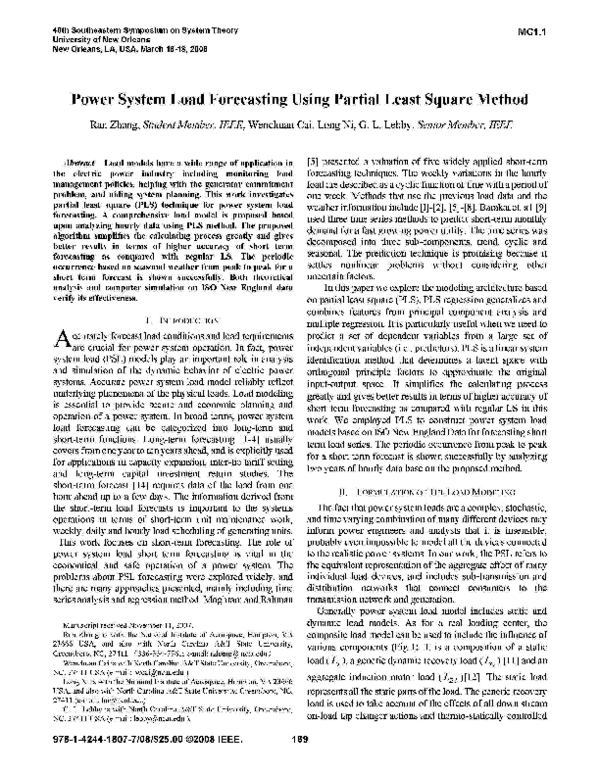 (PDF) Power System Load Forecasting Using Partial Least Square Method