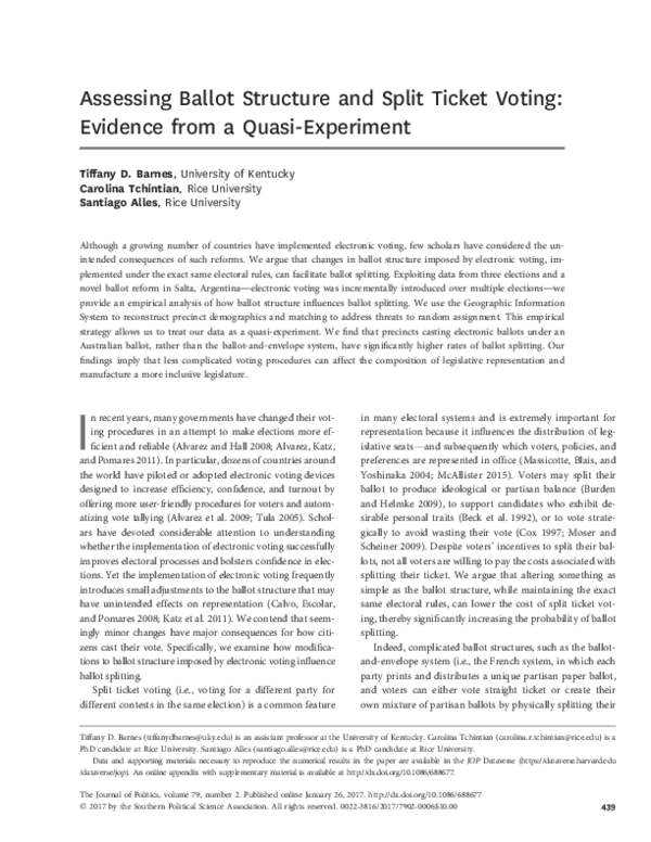 (PDF) Assessing Ballot Structure and Split Ticket Voting: Evidence from ...