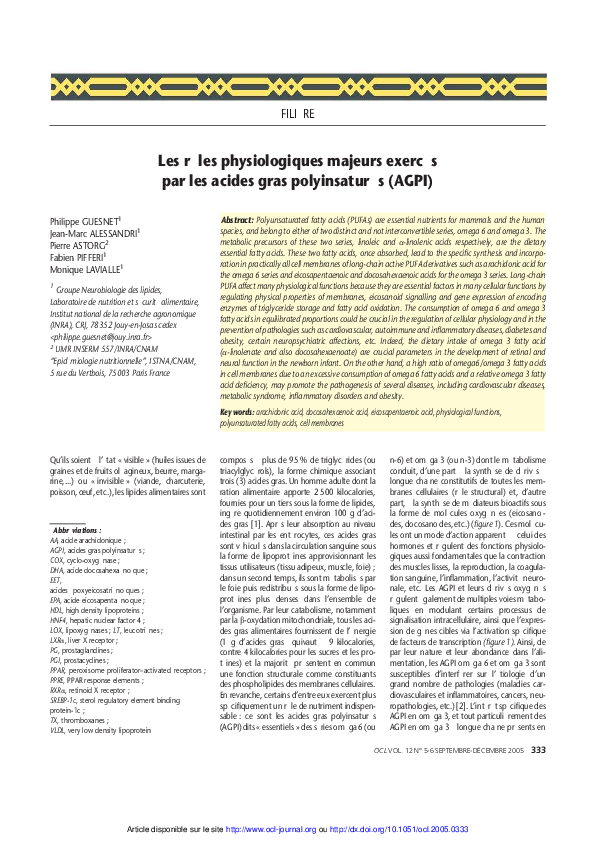 (PDF) Les rôles physiologiques majeurs exercés par les acides gras ...