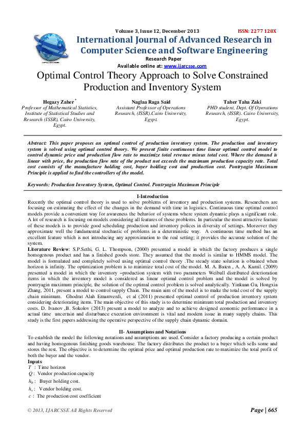 (PDF) Optimal Control Theory Approach to Solve Constrained Production ...