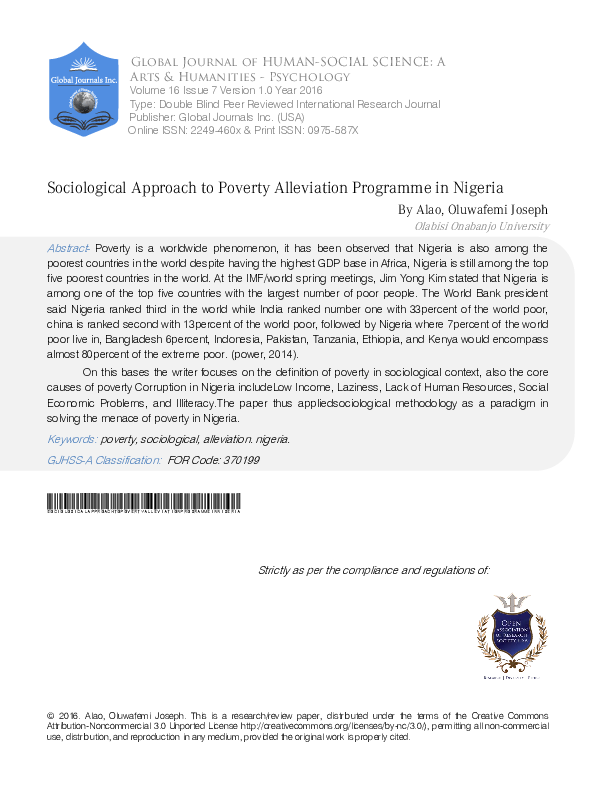 (PDF) Sociological Approach to Poverty Alleviation Programme in Nigeria