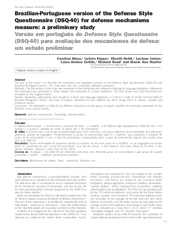 (PDF) Brazilian-Portuguese version of the Defense Style Questionnaire ...