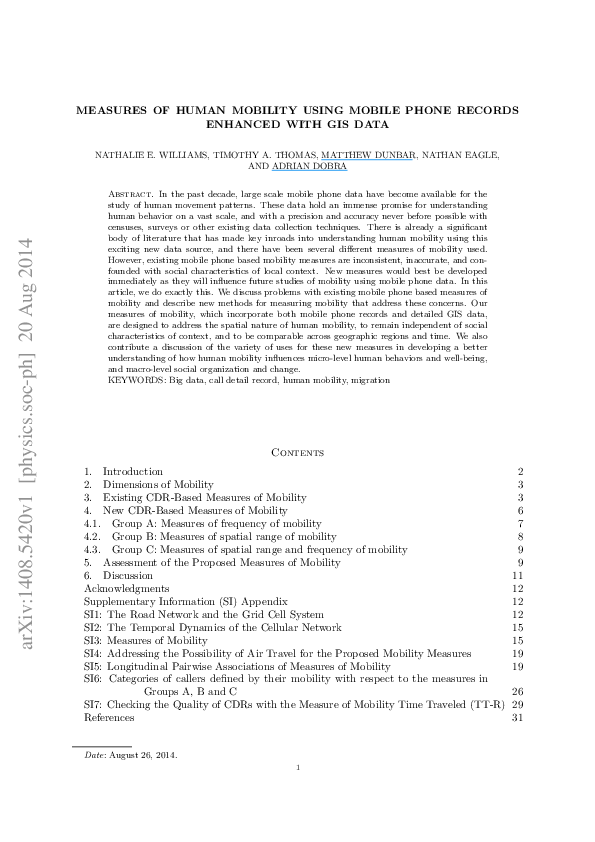 (PDF) Measures of Human Mobility Using Mobile Phone Records Enhanced ...