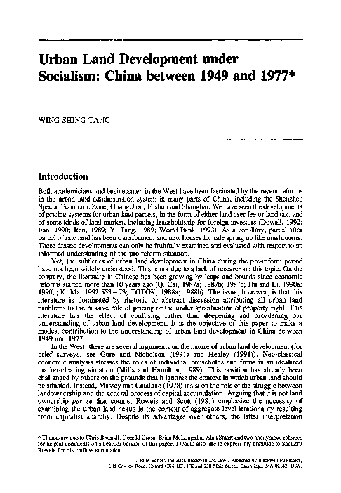 (PDF) Urban Land Development under Socialism: China between 1949 and 1977