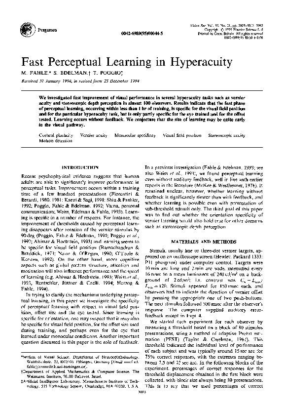 (PDF) Fast perceptual learning in hyperacuity | Manfred Fahle ...
