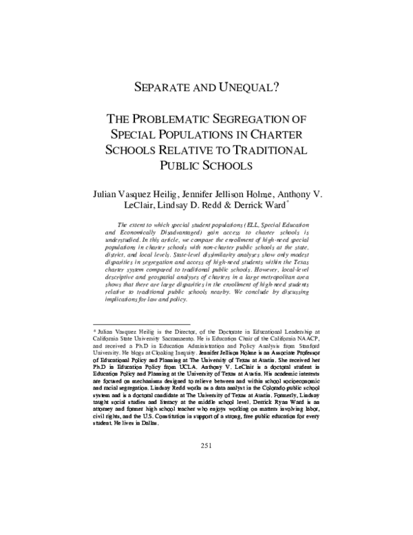 First page of “Separate and Unequal?: The Problematic Segregation of Special Populations in Charter Schools Relative to Traditional Public Schools”