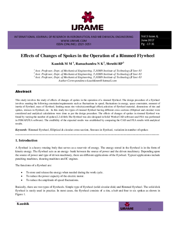 (PDF) Effects of Changes of Spokes in the Operation of a Rimmed Flywheel IJRAME Journal