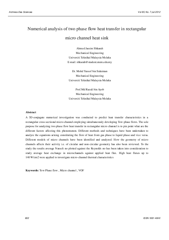 (PDF) Numerical analysis of two phase flow heat transfer in rectangular ...