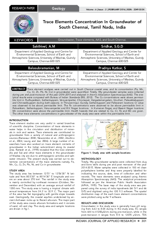 (PDF) Trace Elements Concentration In Groundwater of South Chennai ...