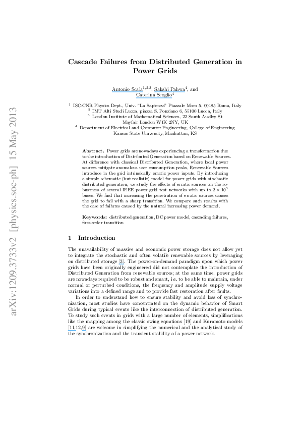 (PDF) Cascade failures and distributed generation in power grids