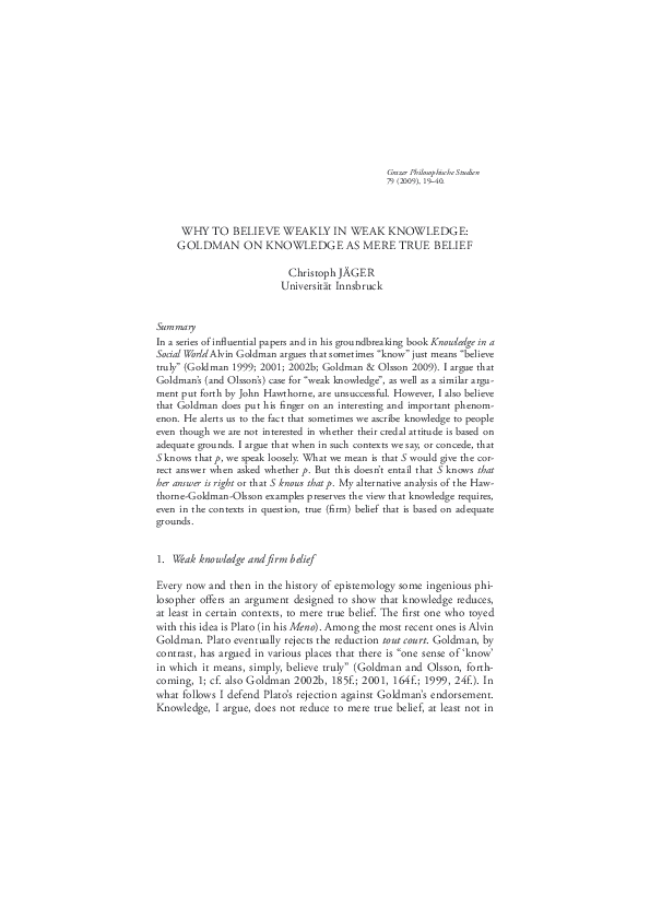 (PDF) WHY TO BELIEVE WEAKLY IN WEAK KNOWLEDGE: GOLDMAN ON KNOWLEDGE AS ...