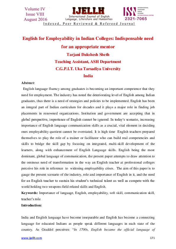 (PDF) English for Employability in Indian Colleges: Indispensable need