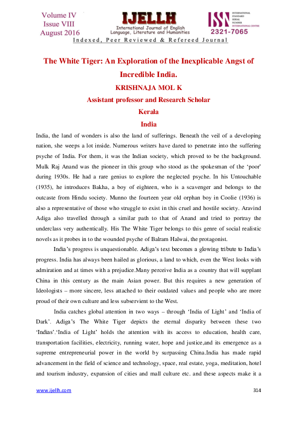 (PDF) The White Tiger An Exploration of the Inexplicable Angst of