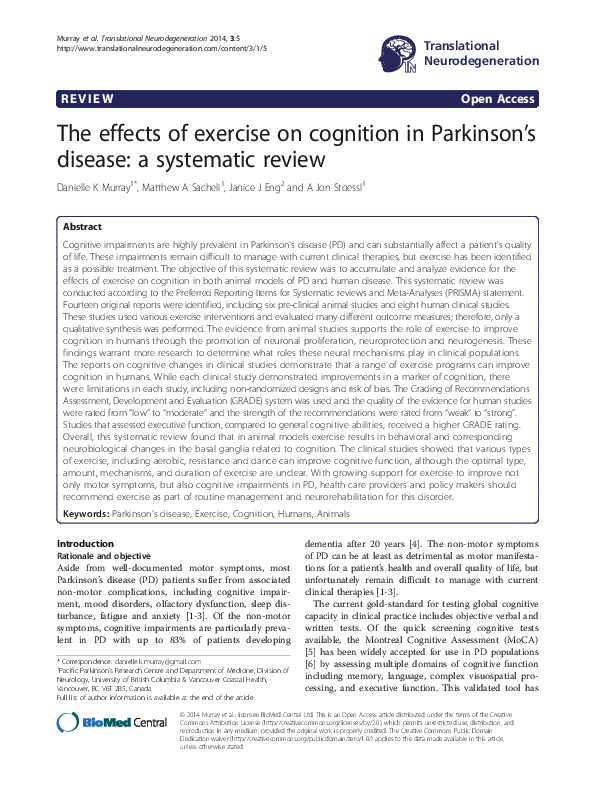 (PDF) The effects of exercise on cognition in Parkinson’s disease: a ...