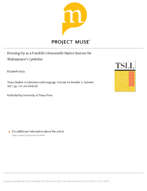 Dressing Up as a Franklin's Housewife: Native Sources for Shakespeare's Cymbeline