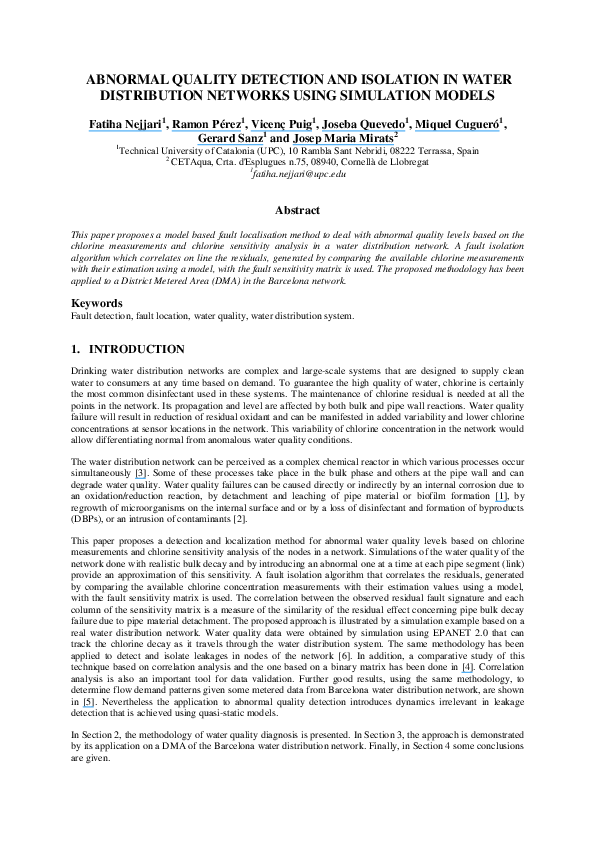 (PDF) Abnormal quality detection and isolation in water distribution ...