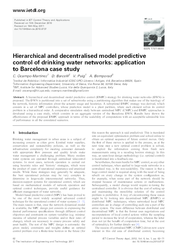 (PDF) Hierarchical and decentralised model predictive control of ...