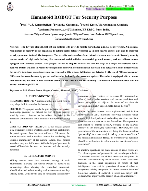 (PDF) Humanoid ROBOT For Security Purpose IJREAM EDITOR Academia.edu
