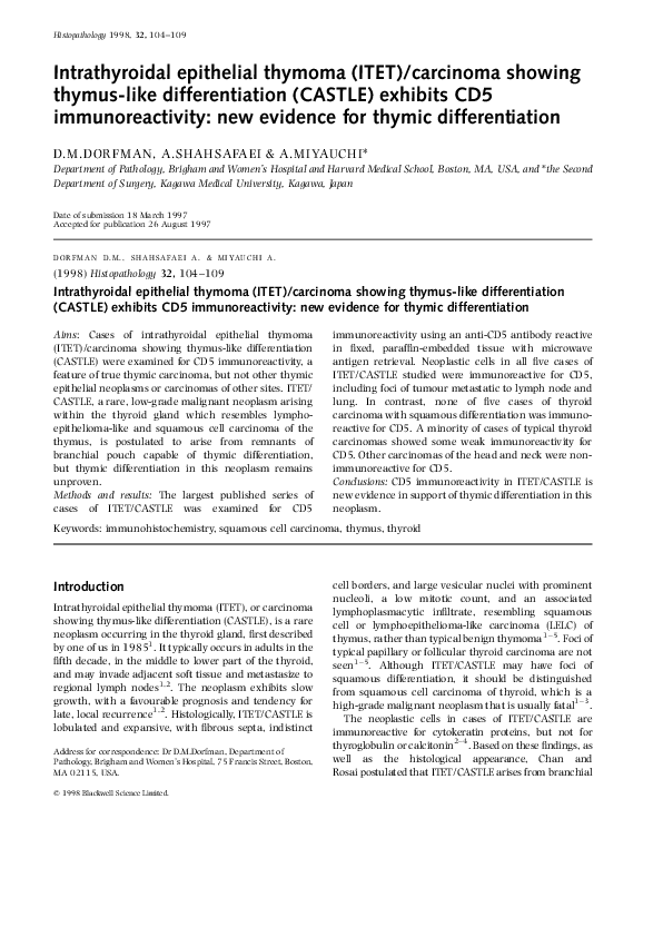 (PDF) Intrathyroidal epithelial thymoma (ITET)/carcinoma showing thymus