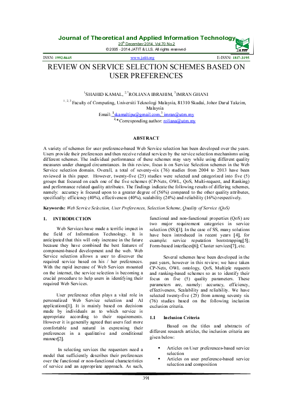 (PDF) REVIEW ON SERVICE SELECTION SCHEMES BASED ON USER PREFERENCES