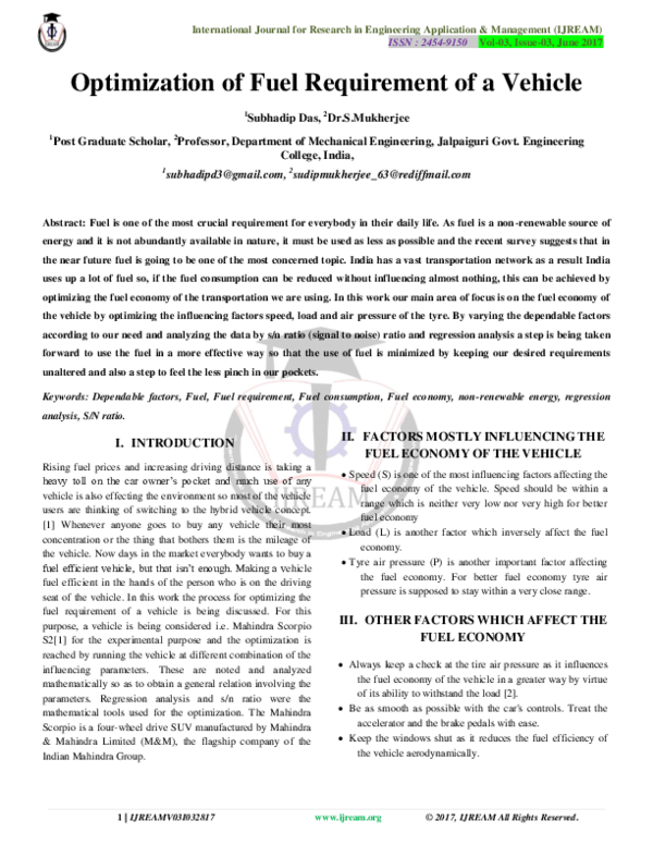 (PDF) Optimization of Fuel Requirement of a Vehicle