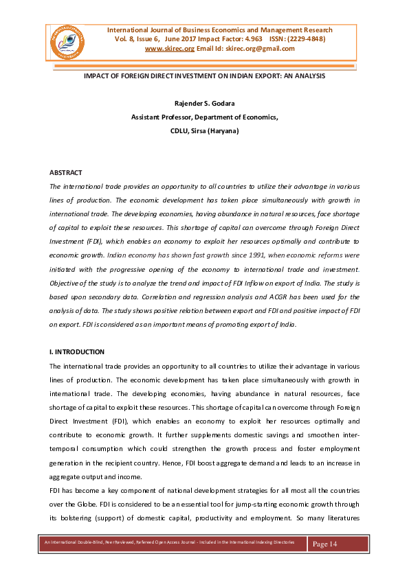 (PDF) IMPACT OF FOREIGN DIRECT INVESTMENT ON INDIAN EXPORT: AN ANALYSIS