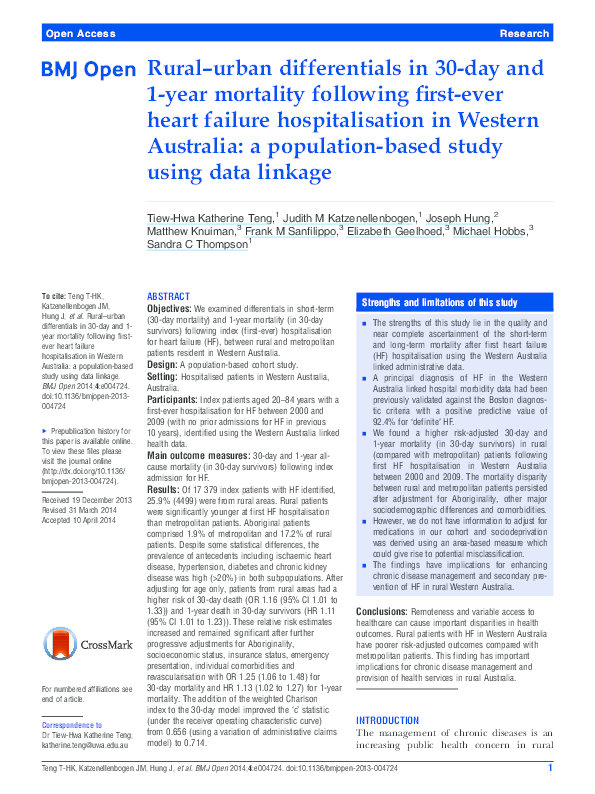 (PDF) Ruralurban differentials in 30day and 1year mortality