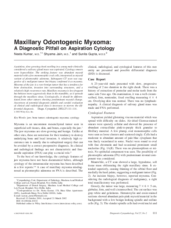 (PDF) Maxillary odontogenic myxoma: A diagnostic pitfall on aspiration ...