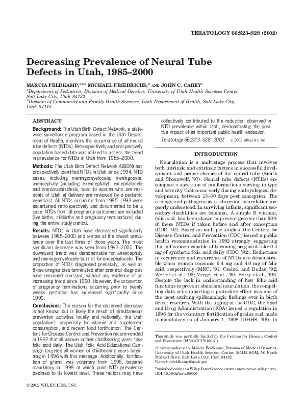 (PDF) Decreasing prevalence of neural tube defects in Utah, 1985-2000