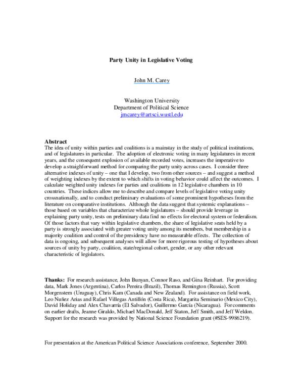 (PDF) Party unity in legislative voting