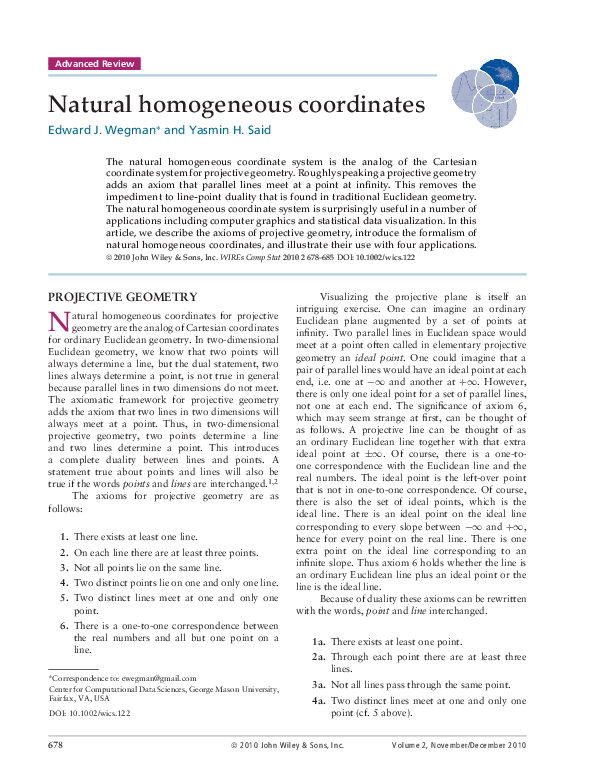 Pdf Natural Homogeneous Coordinates Edward Wegman Academia Edu