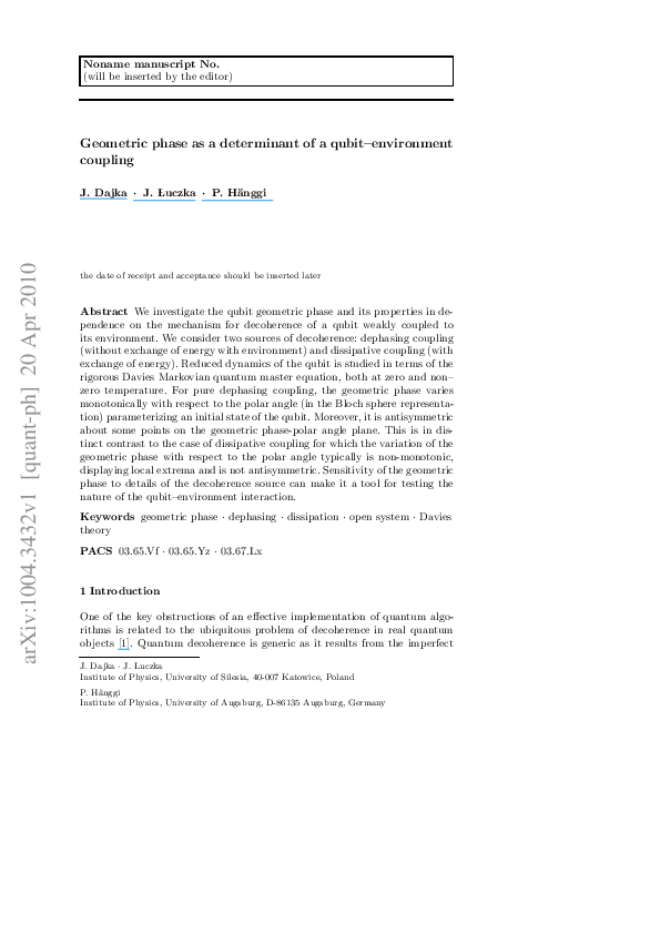 (PDF) Geometric phase as a determinant of a qubit– environment coupling