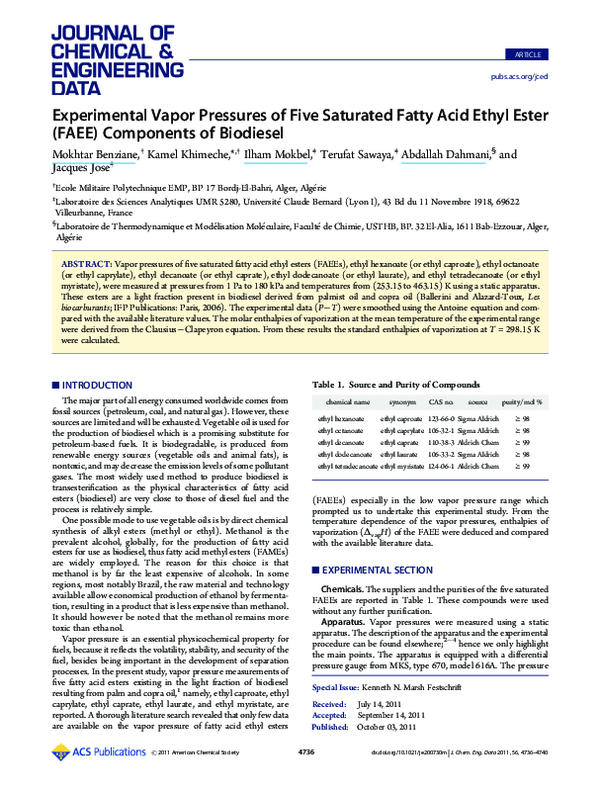 (PDF) Experimental Vapor Pressures of Five Saturated Fatty Acid Ethyl