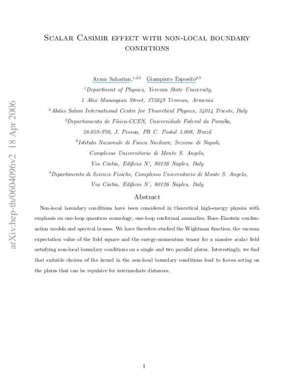 (PDF) Scalar Casimir Effect with Non-Local Boundary Conditions