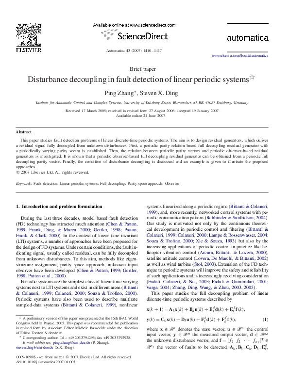 (PDF) Disturbance decoupling in fault detection of linear periodic systems