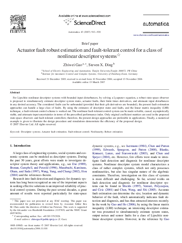 (PDF) Actuator fault robust estimation and fault-tolerant control for a ...