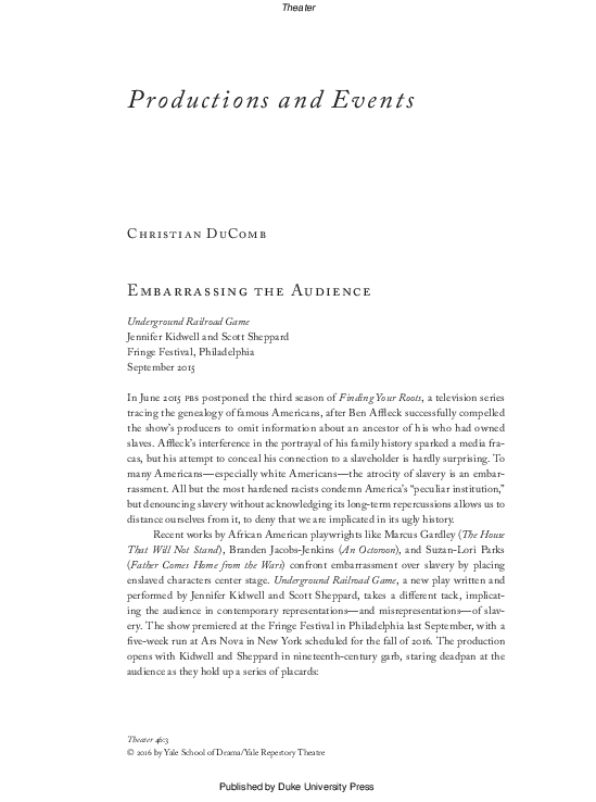 Pdf Embarrassing The Audience Review Of Underground Railroad Game Written And Performed By Jennifer Kidwell And Scott Sheppard Christian Ducomb Academia Edu