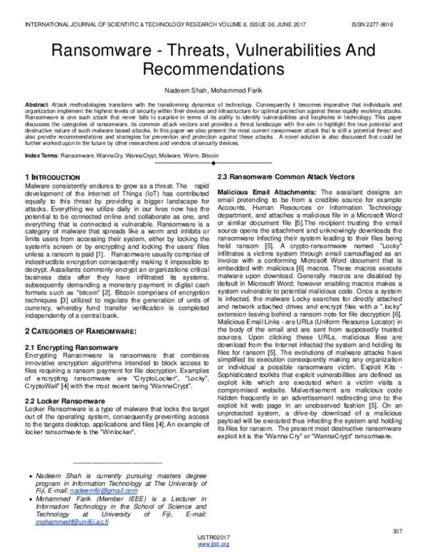 (PDF) Ransomware -Threats, Vulnerabilities And Recommendations