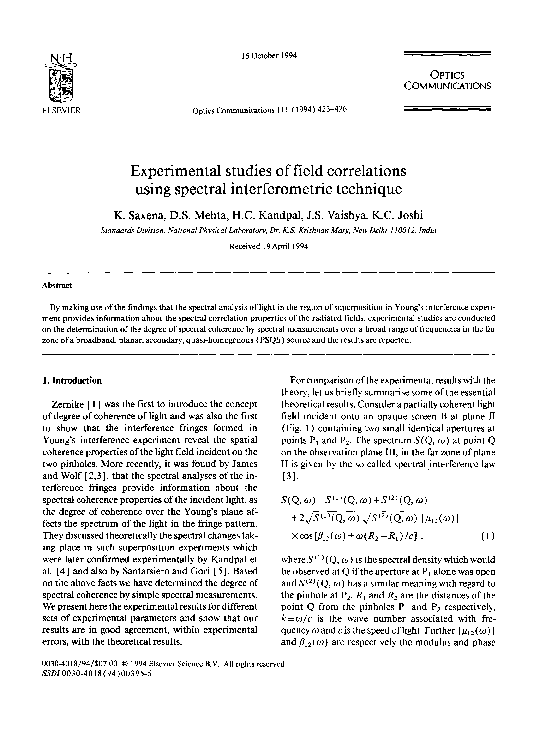 (PDF) Experimental studies of field correlations using spectral ...