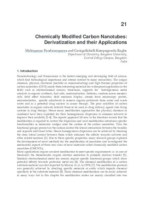 (PDF) Chemically Modified Carbon Nanotubes: Derivatization and Their ...