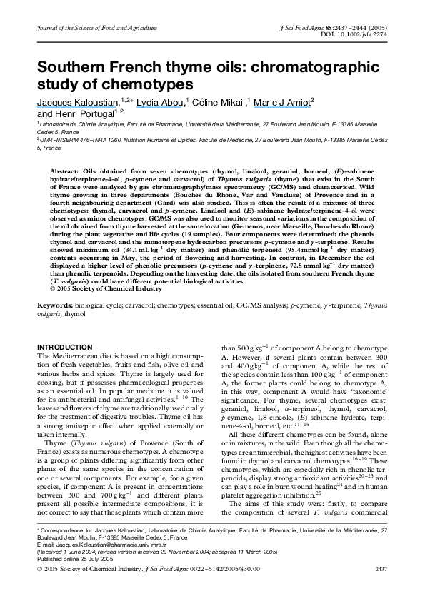 (PDF) Southern French thyme oils chromatographic study of chemotypes Lydia Abou and Jacques