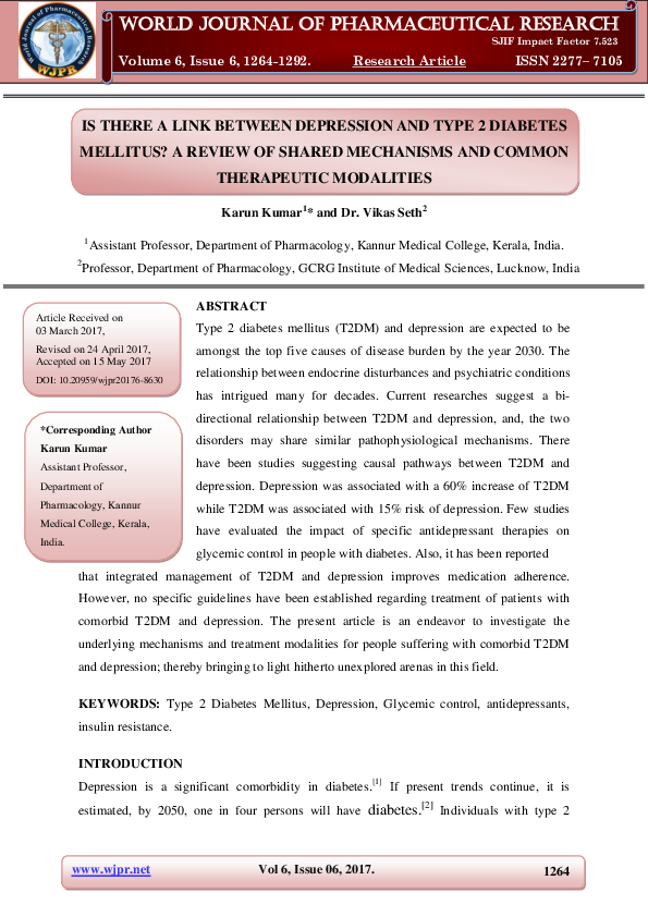 (PDF) IS THERE A LINK BETWEEN DEPRESSION AND TYPE 2 DIABETES MELLITUS ...