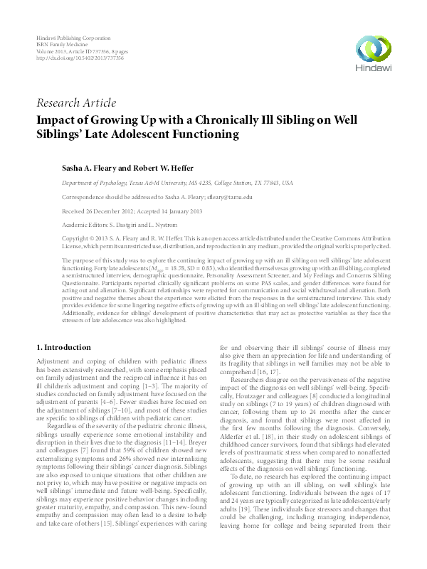 (PDF) Impact of Growing Up with a Chronically Ill Sibling on Well ...