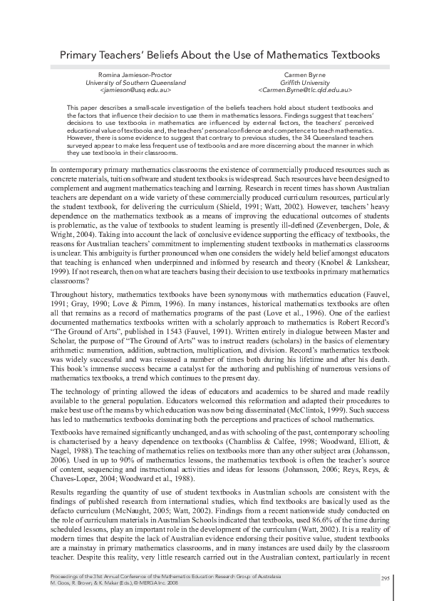 (PDF) Primary teachers' beliefs about the use of mathematics textbooks