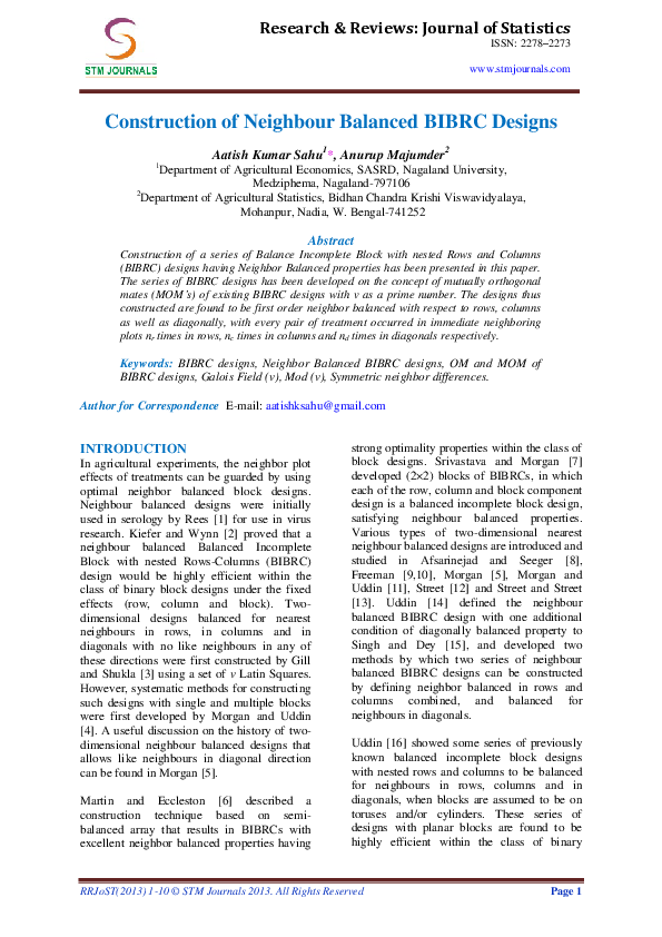 (PDF) Construction of Neighbour Balanced BIBRC Designs