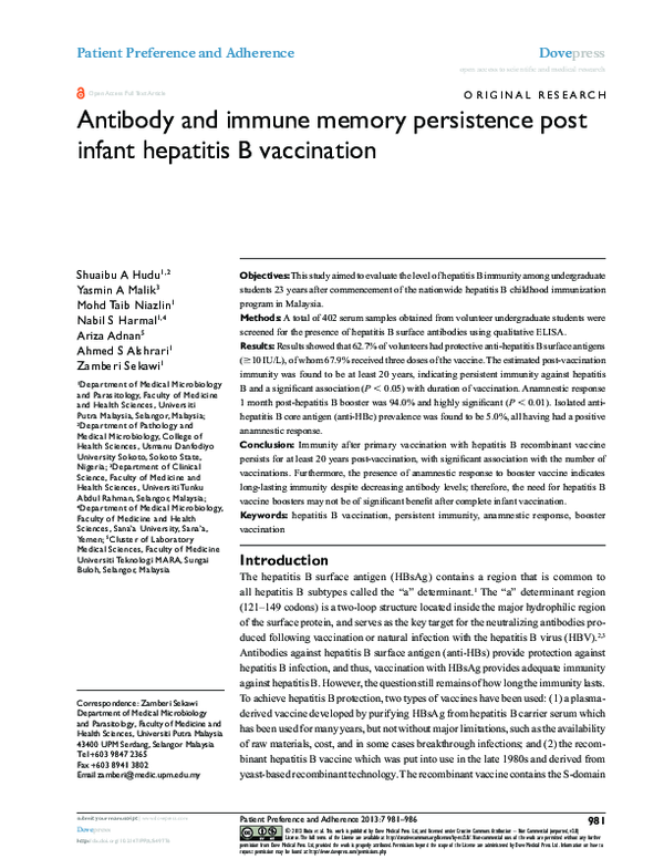 (PDF) Isolated hepatitis B core antibody positive among vaccinated cohort in Malaysia