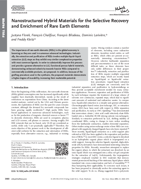 (PDF) Nanostructured Hybrid Materials for the Selective Recovery and