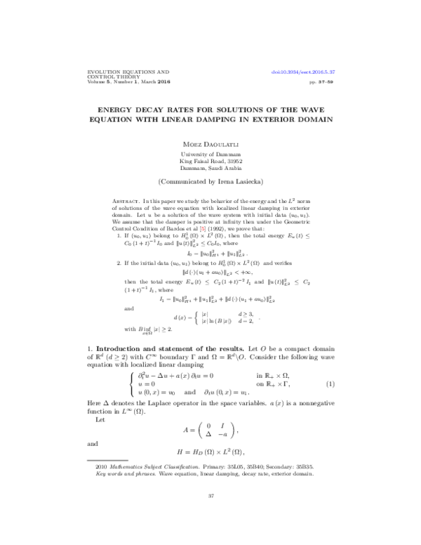 (PDF) Energy decay rates for solutions of the wave equation with linear ...