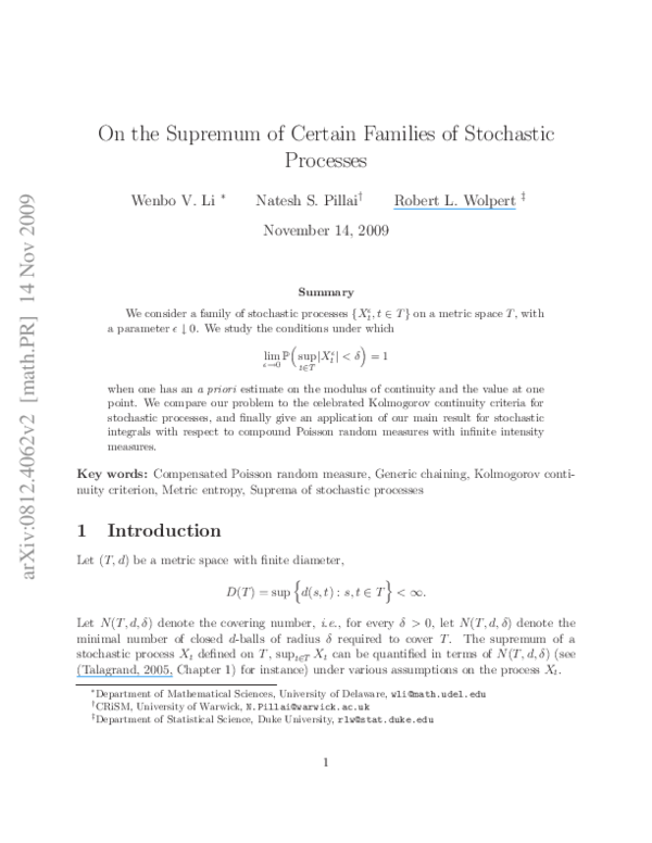 (PDF) On the supremum of certain families of stochastic processes