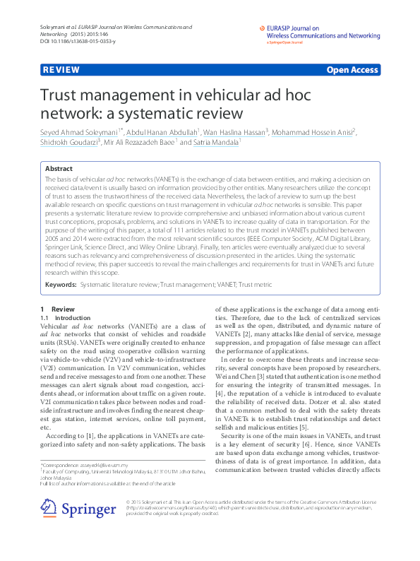 (PDF) Trust management in vehicular ad hoc network: a systematic review